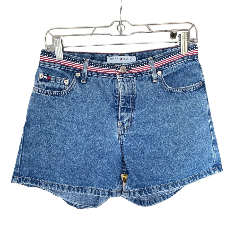 Vintage Y2K Tommy Hilfiger Flag Logo Waistband Denim Jean Shorts Womens 2